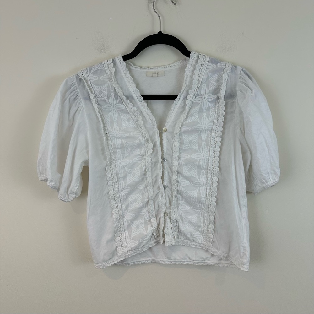 Yerse White Lace-Trim Puff Sleeve Top Blouse Button Front Size XS